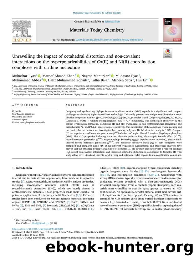 Unravelling the impact of octahedral distortion and non-covalent interactions on the hyperpolarizabilities of Co(II) and Ni(II) coordination complexes with uridine nucleotide by unknow