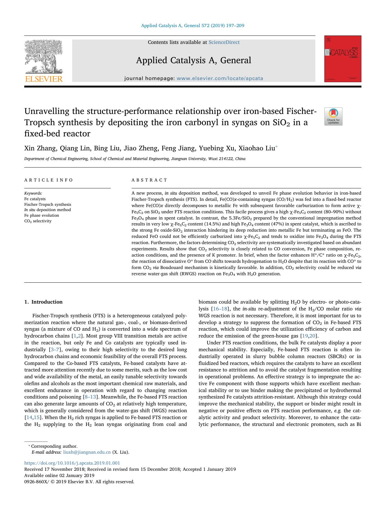 Unravelling the structure-performance relationship over iron-based Fischer-Tropsch synthesis by depositing the iron carbonyl in syngas on SiO2 in a fixed-bed reactor by Xin Zhang & Qiang Lin & Bing Liu & Jiao Zheng & Feng Jiang & Yuebing Xu & Xiaohao Liu