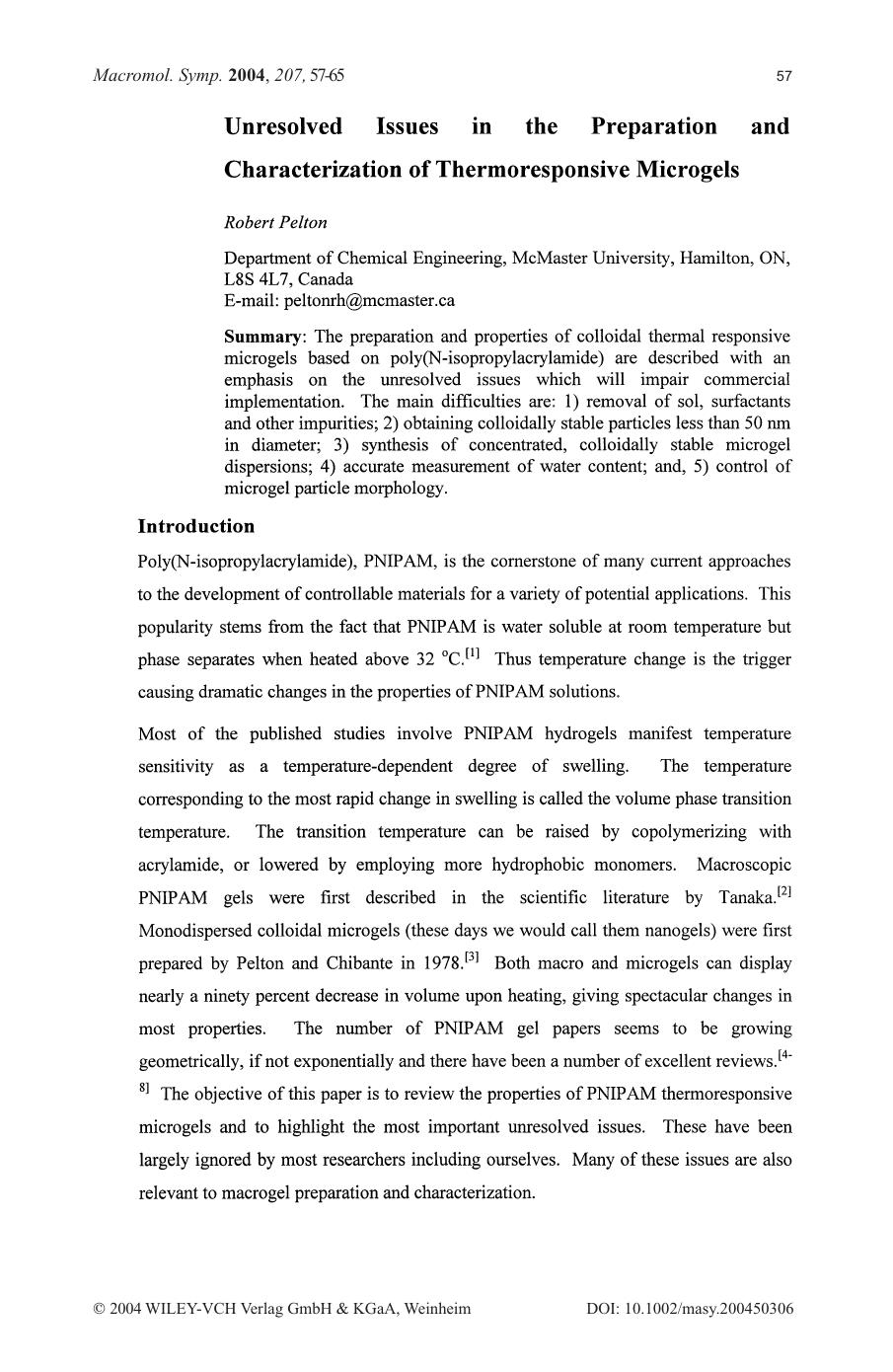 Unresolved issues in the preparation and characterization of thermoresponsive microgels by Unknown