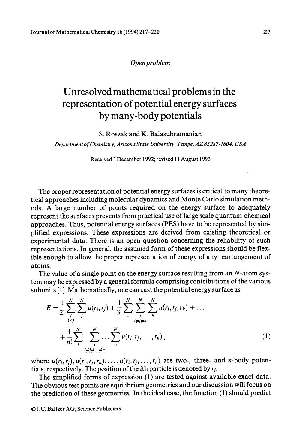 Unresolved mathematical problems in the representation of potential energy surfaces by many-body potentials by Unknown