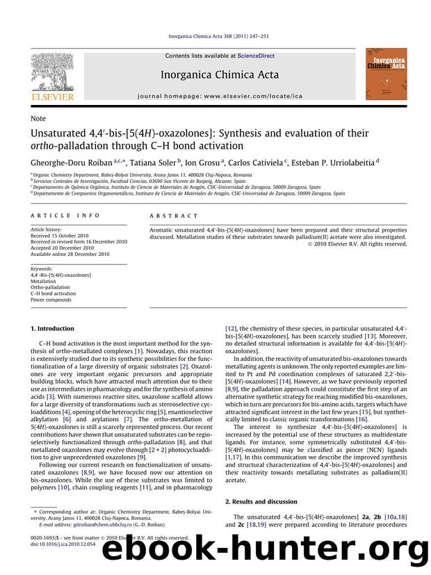 Unsaturated 4,4Ã¢â¬Â²-bis-[5(4H)-oxazolones]: Synthesis and evaluation of their ortho-palladation through CÃ¢â¬âH bond activation by Gheorghe-Doru Roiban & Tatiana Soler & Ion Grosu & Carlos Cativiela & Esteban P. Urriolabeitia