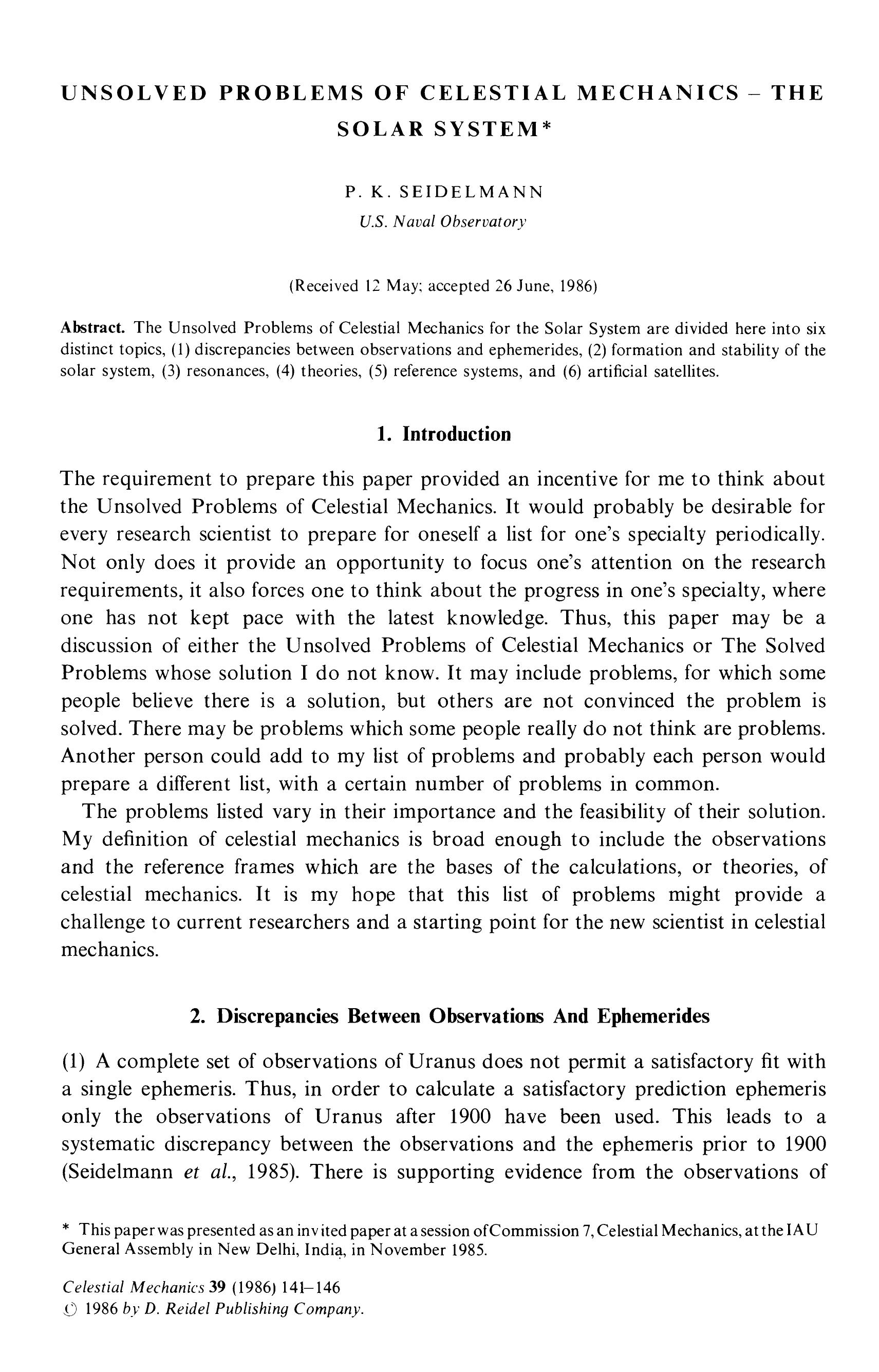 Unsolved Problems of Celestial Mechanics — The Solar System by Unknown