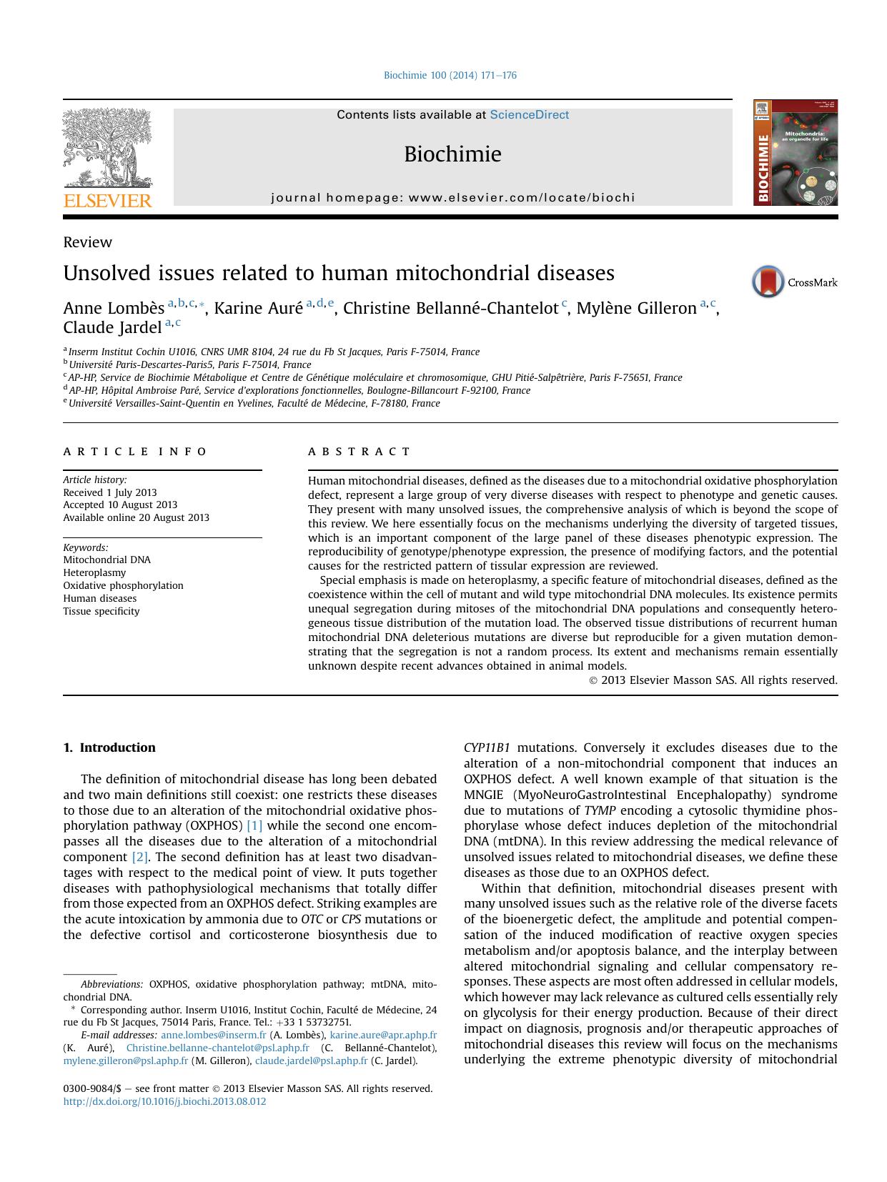 Unsolved issues related to human mitochondrial diseases by Anne Lombès & Karine Auré & Christine Bellanné-Chantelot & Mylène Gilleron & Claude Jardel