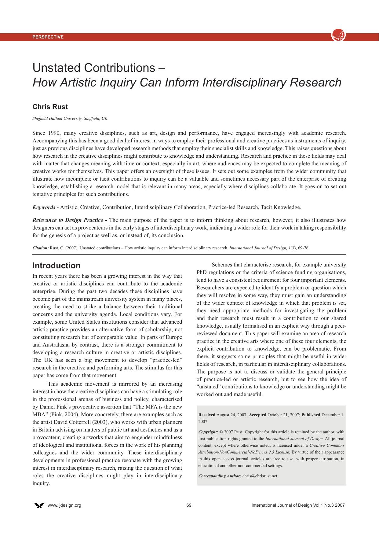 Unstated Contributions – How Artistic Inquiry Can Inform Interdisciplinary Research by Sheffield Hallam