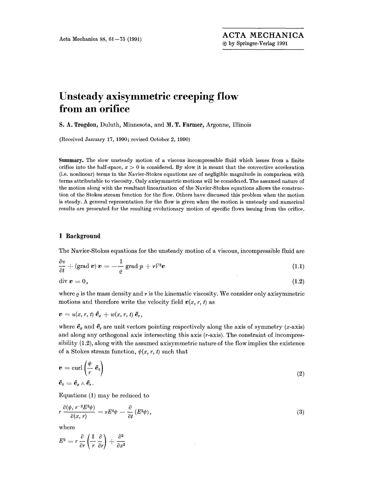 Unsteady axisymmetric creeping flow from an orifice by Unknown