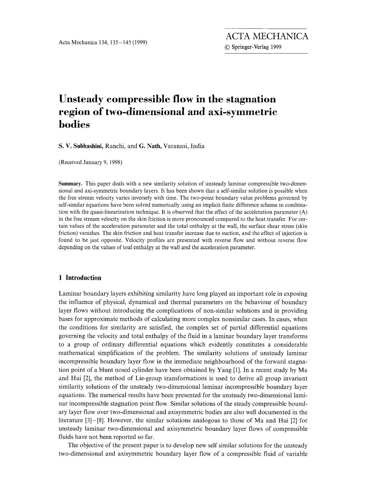 Unsteady compressible flow in the stagnation region of two-dimensional and axi-symmetric bodies by Unknown