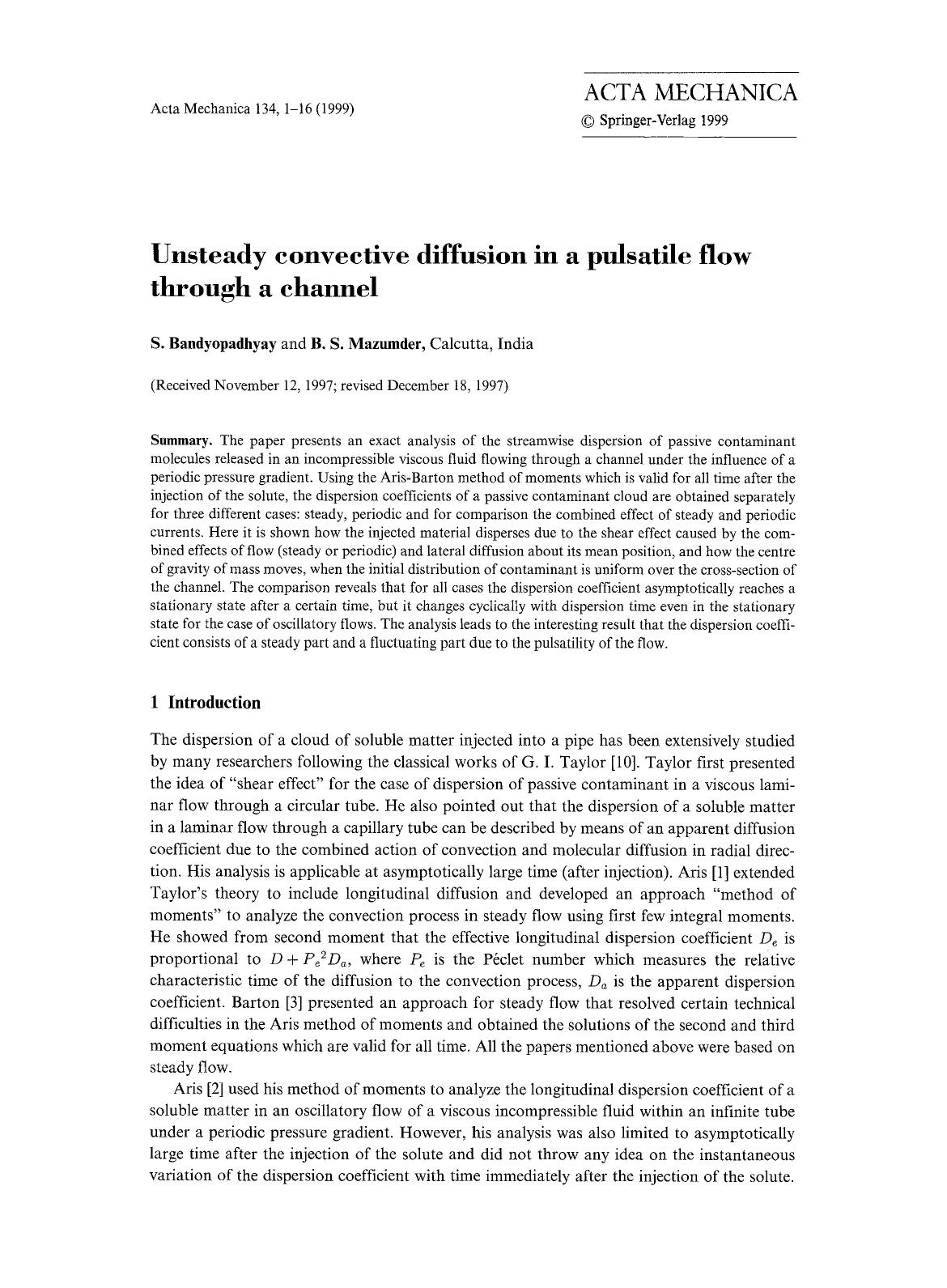 Unsteady convective diffusion in a pulsatile flow through a channel by Unknown