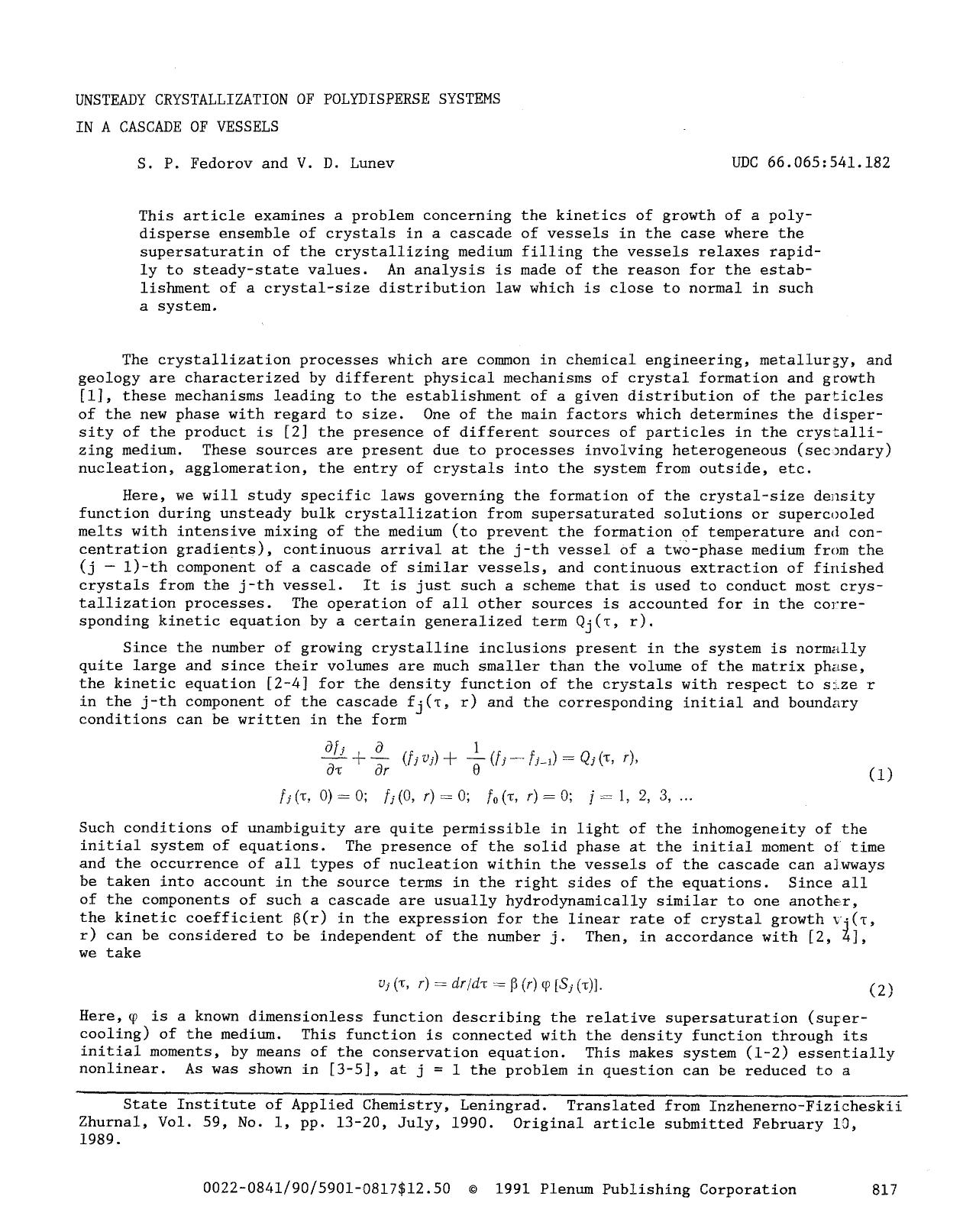 Unsteady crystallization of polydisperse systems in a cascade of vessels by Unknown