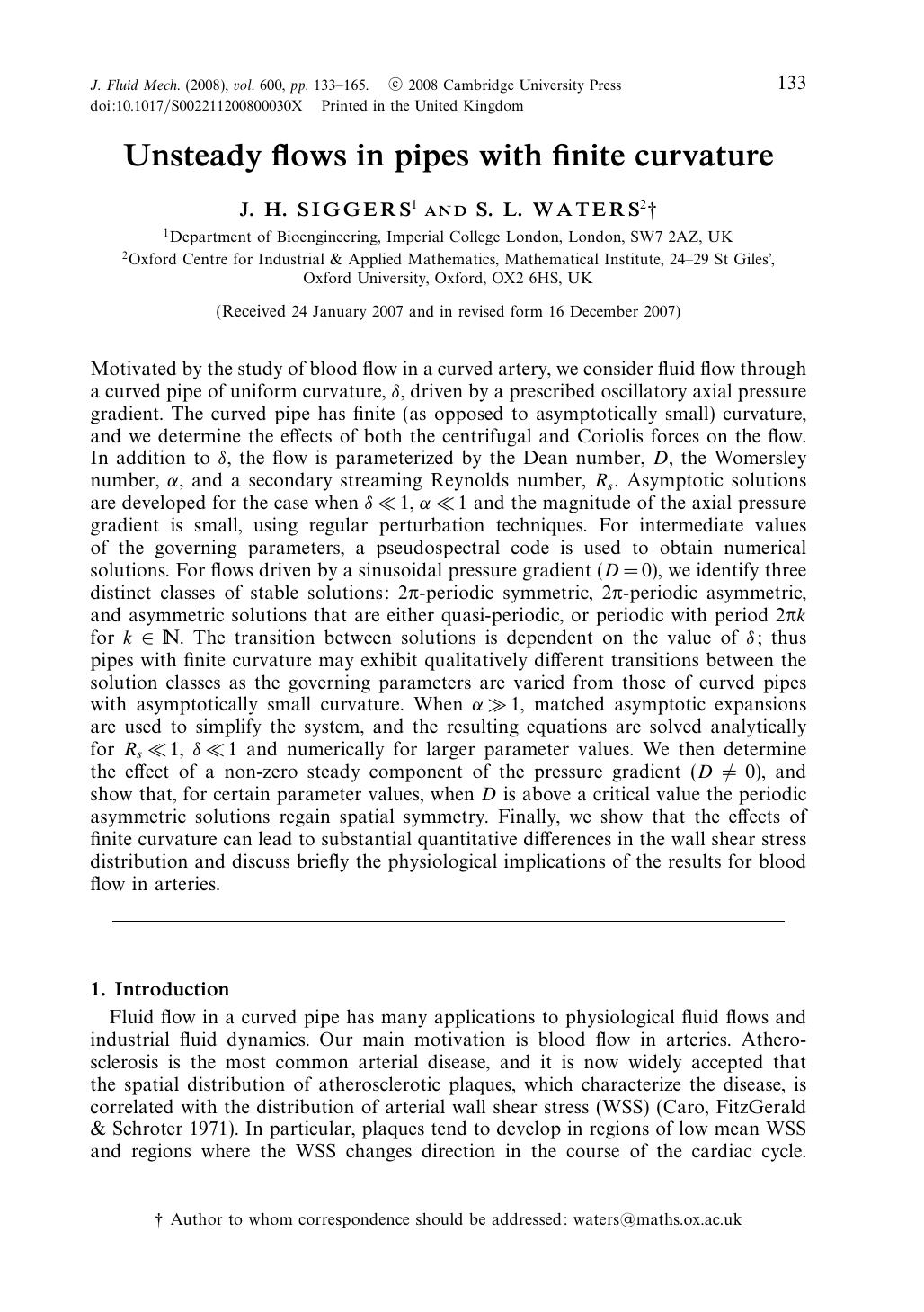 Unsteady flows in pipes with finite curvature by J. H. SIGGERS & S. L. WATERS