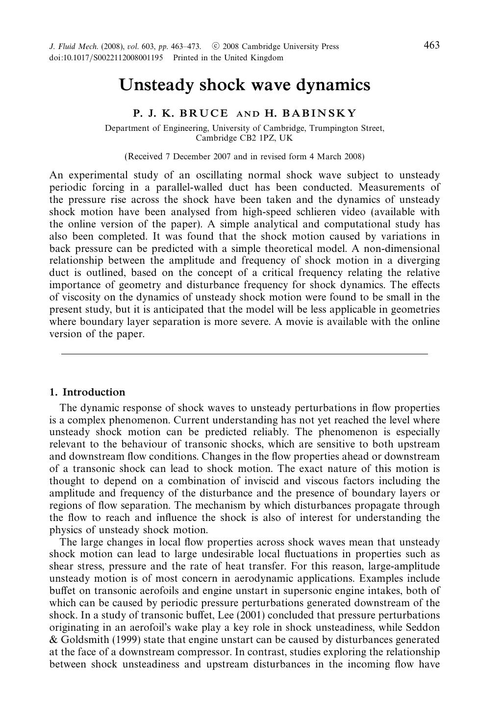 Unsteady shock wave dynamics by P. J. K. BRUCE & H. BABINSKY