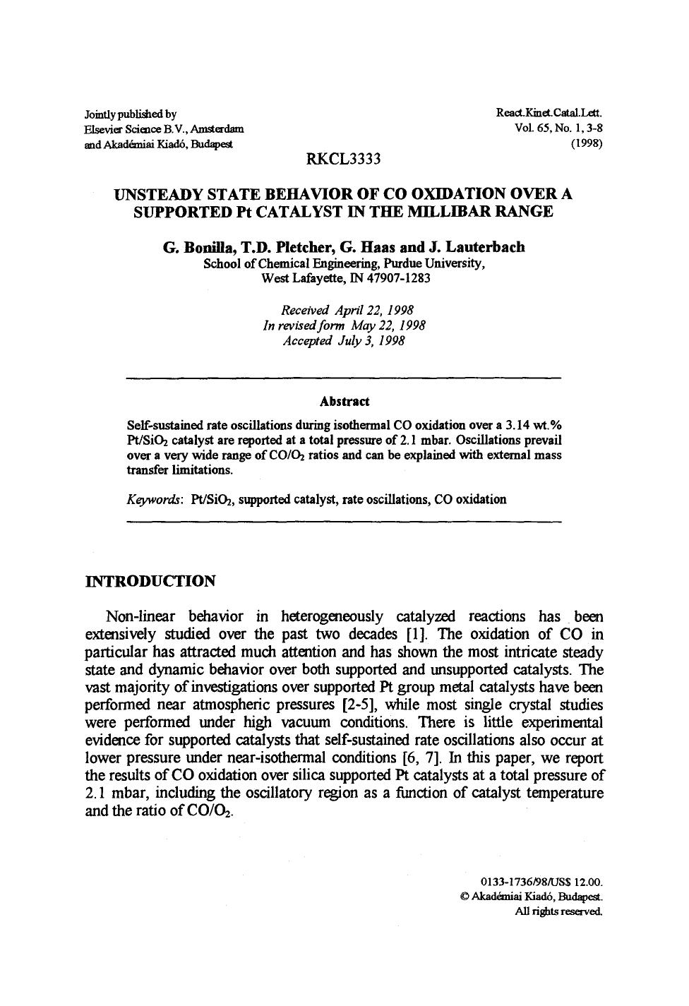 Unsteady state behavior of CO oxidation over a supported Pt catalyst in the millibar range by Unknown