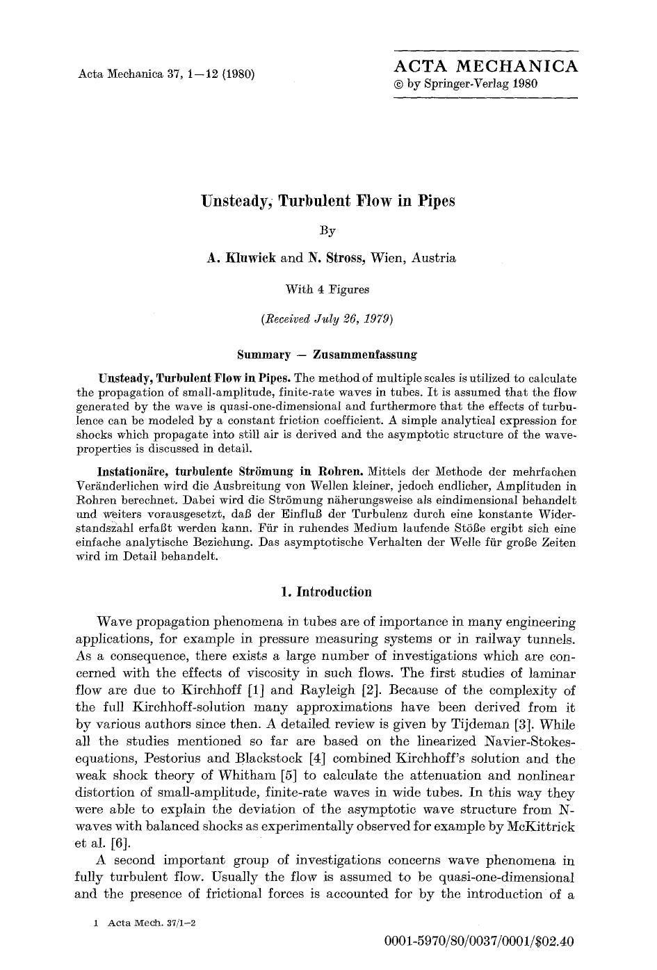 Unsteady, turbulent flow in pipes by Unknown