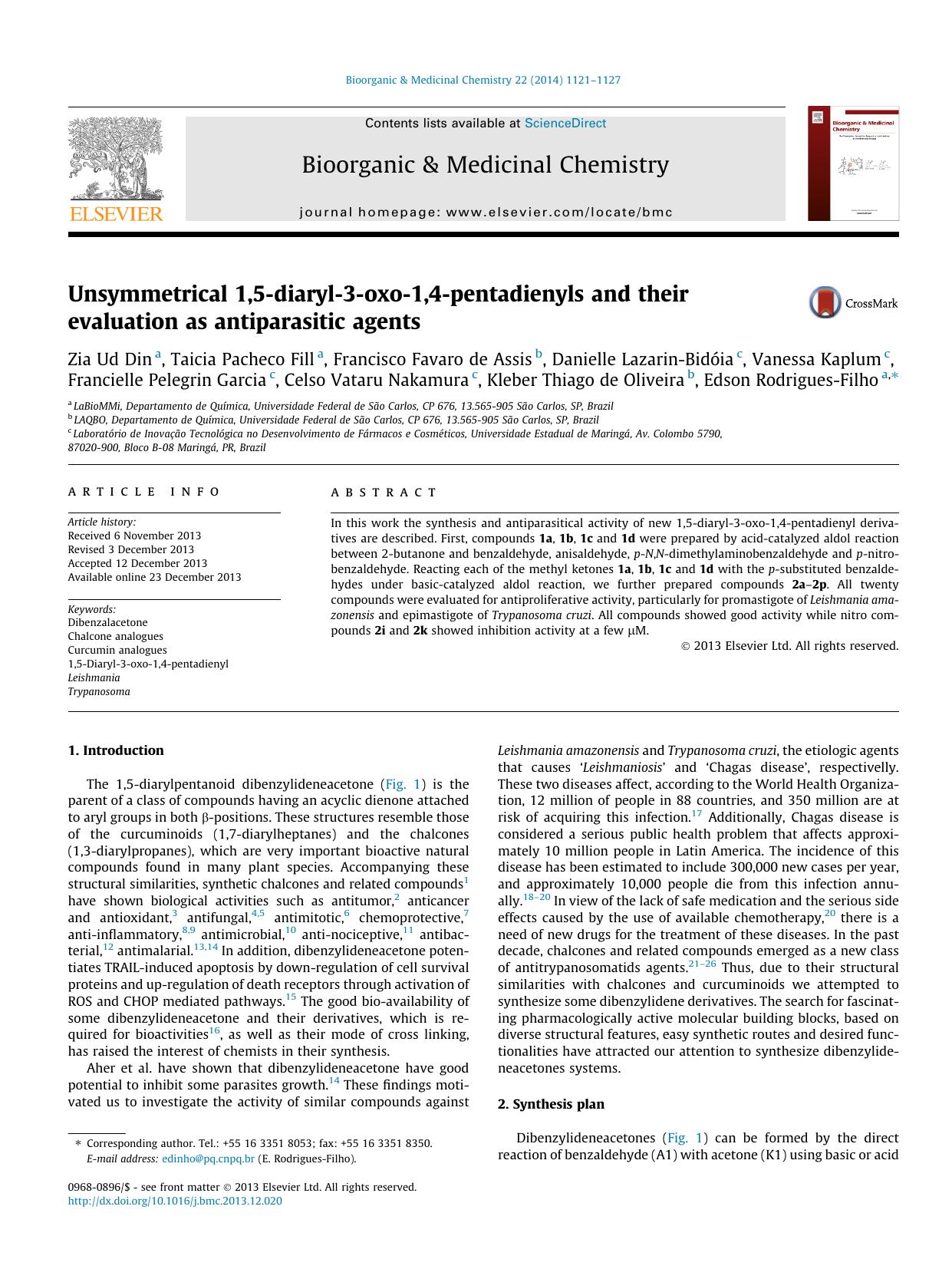 Unsymmetrical 1,5-diaryl-3-oxo-1,4-pentadienyls and their evaluation as antiparasitic agents by unknow