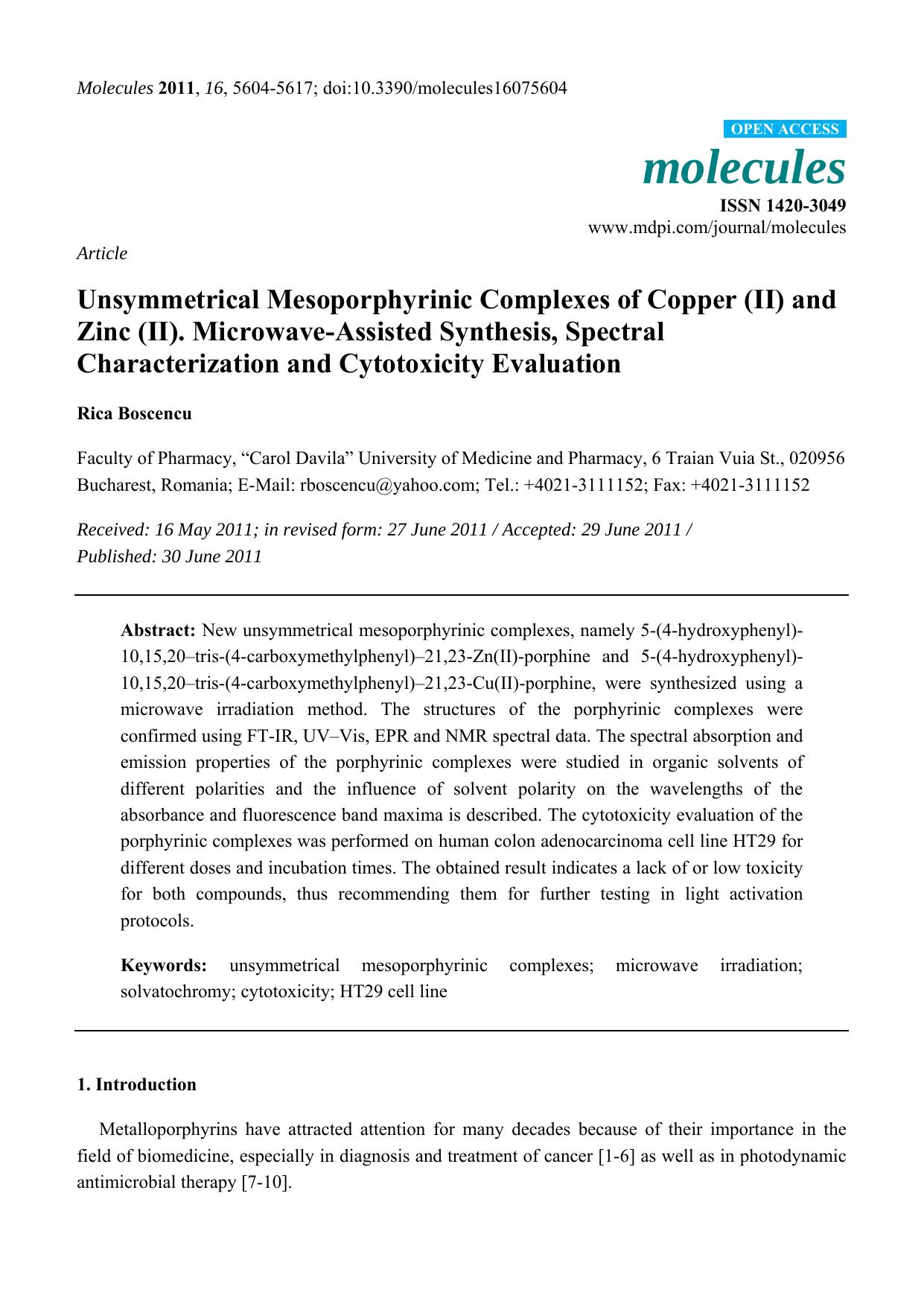 Unsymmetrical Mesoporphyrinic Complexes of Copper (II) and Zinc (II). Microwave-Assisted Synthesis, Spectral Characterization and Cytotoxicity Evaluation by Rica Boscencu