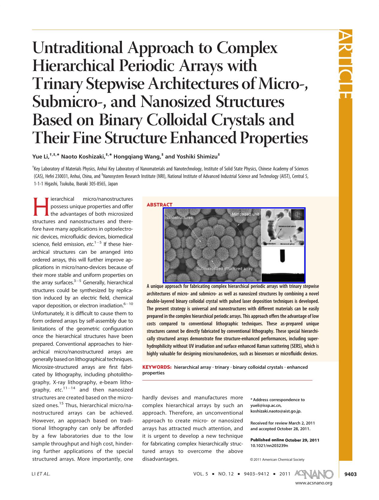 Untraditional Approach to Complex Hierarchical Periodic Arrays with Trinary Stepwise Architectures of Micro-, Submicro-, and Nanosized Structures Based on Binary Colloidal Crystals by Unknown