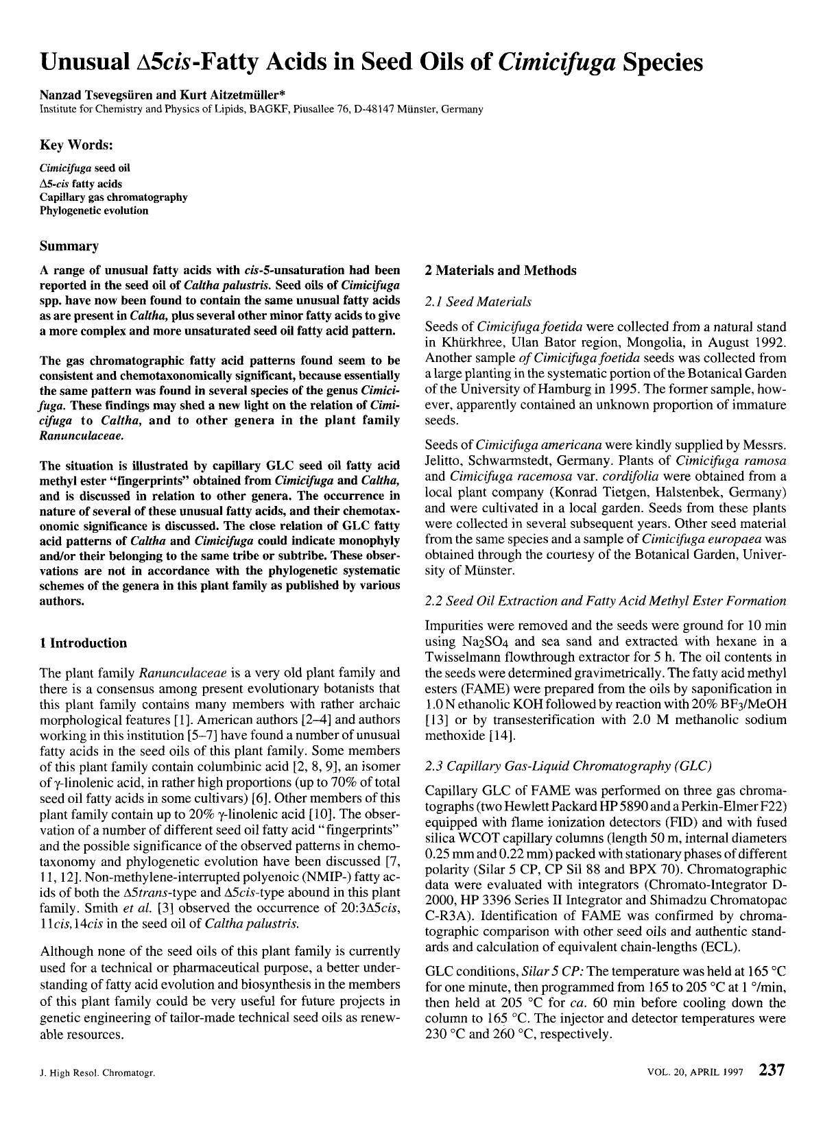 Unusual [Delta]5cis-fatty acids in seed oils of Cimicifuga species by Unknown