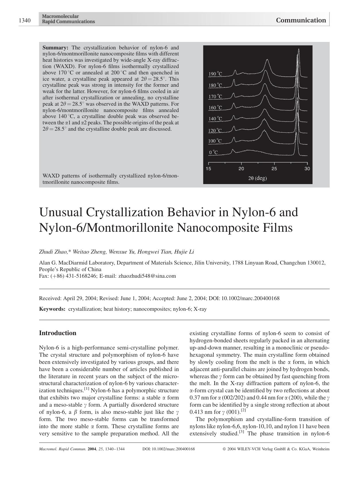 Unusual Crystallization Behavior in Nylon-6 and Nylon-6Montmorillonite Nanocomposite Films by Unknown