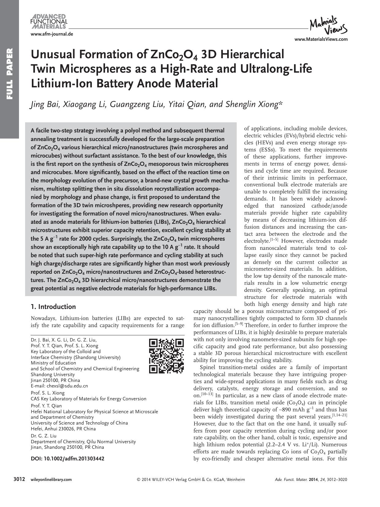 Unusual Formation of ZnCo2O4 3D Hierarchical Twin Microspheres as a HighRate and UltralongLife LithiumIon Battery Anode Material by s-w-270