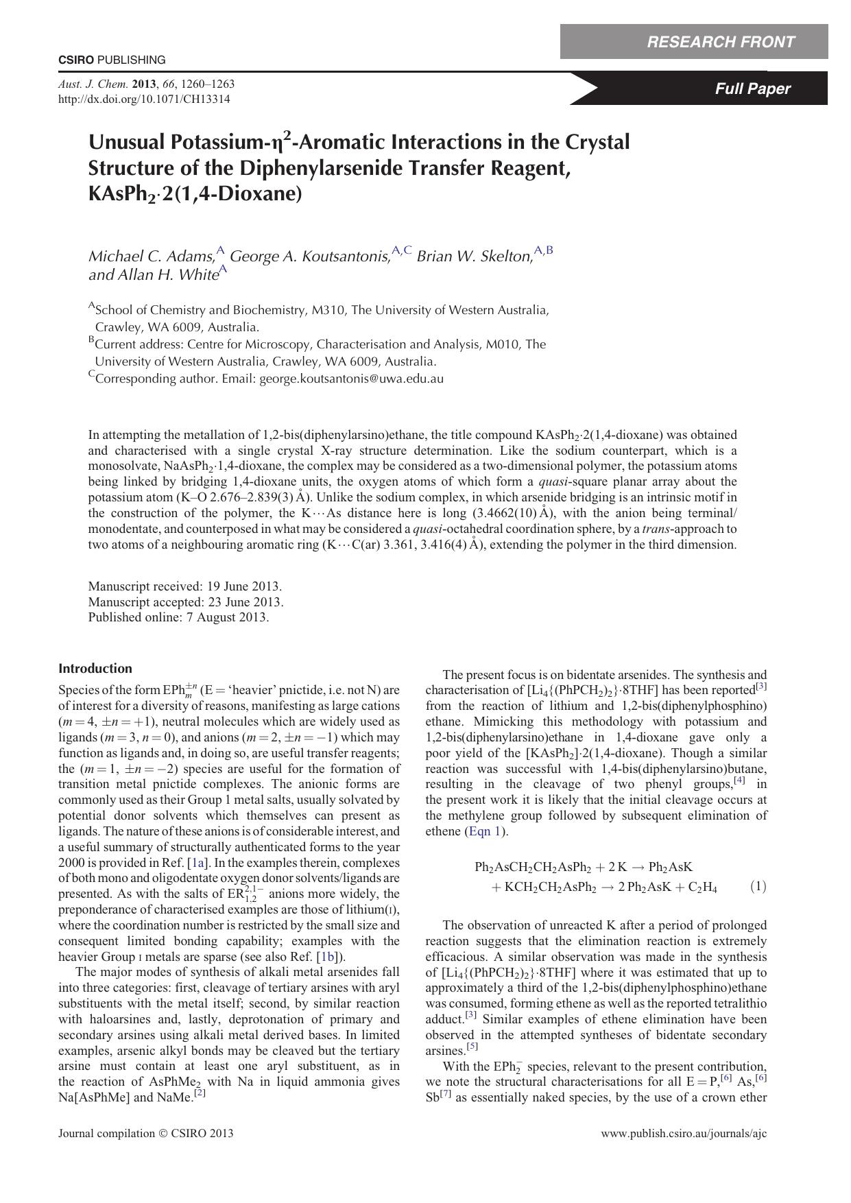Unusual Potassium-eta2-Aromatic Interactions in the Crystal Structure of the Diphenylarsenide Transfer Reagent, KAsPh2.2(1,4-Dioxane) by M. C. Adams et al