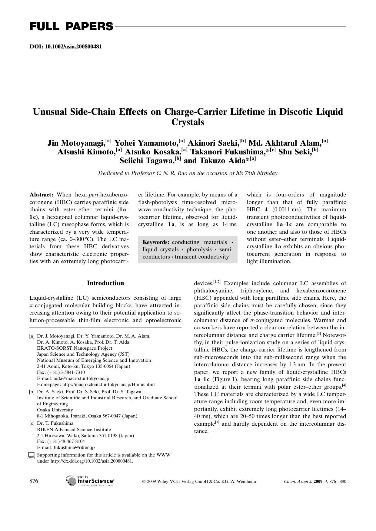 Unusual Side-Chain Effects on Charge-Carrier Lifetime in Discotic Liquid Crystals by Unknown