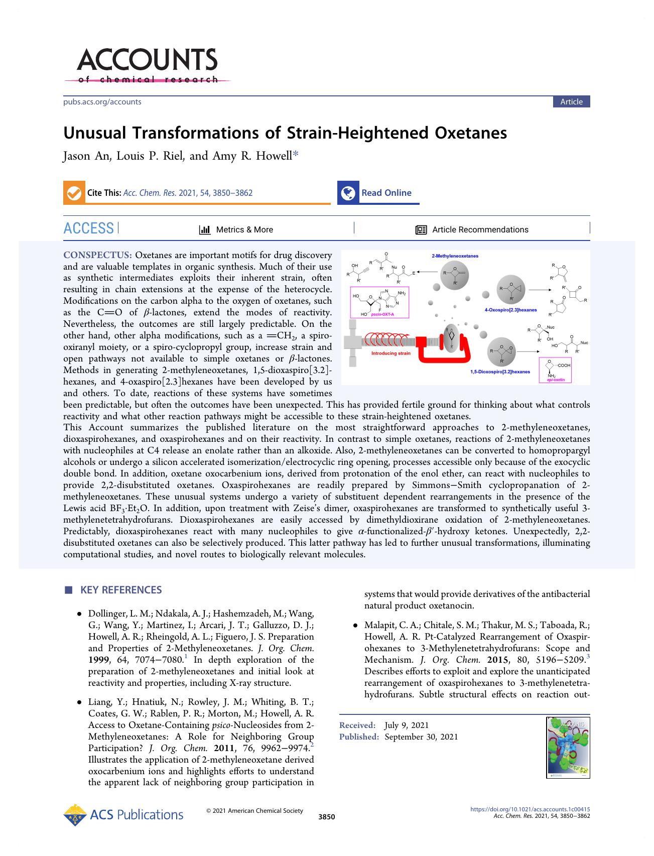 Unusual Transformations of Strain-Heightened Oxetanes by Jason An Louis P. Riel and Amy R. Howell