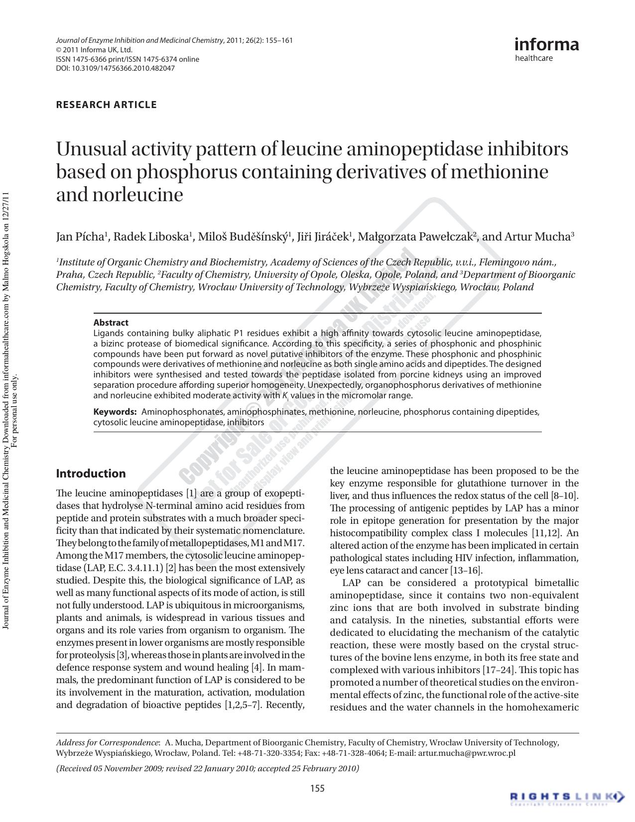Unusual activity pattern of leucine aminopeptidase inhibitors based on phosphorus containing derivatives of methionine and norleucine by unknow