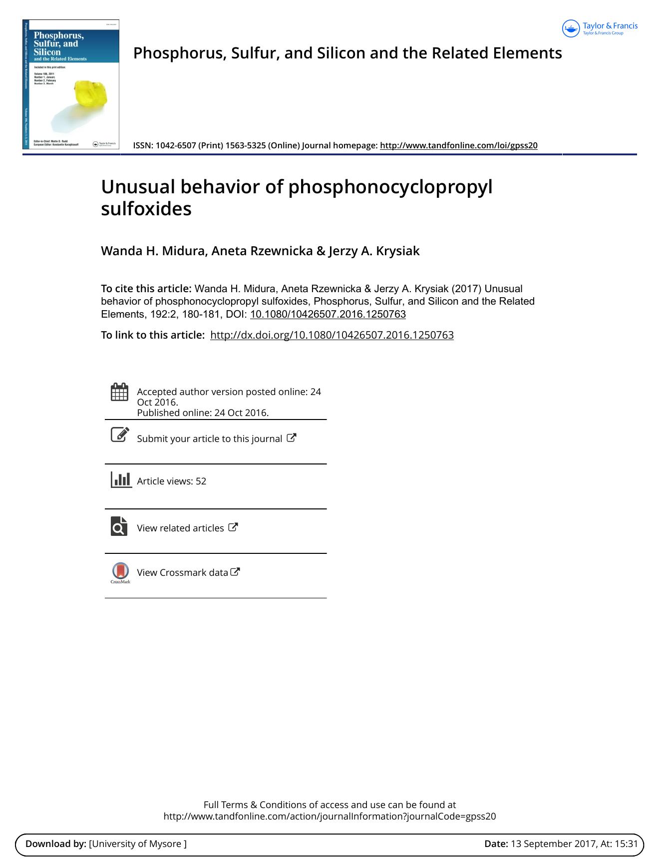 Unusual behavior of phosphonocyclopropyl sulfoxides by Wanda H. Midura & Aneta Rzewnicka & Jerzy A. Krysiak