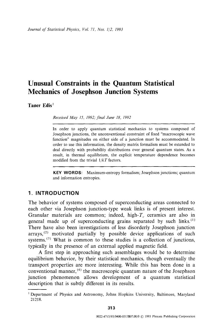 Unusual constraints in the quantum statistical mechanics of Josephson junction systems by Unknown