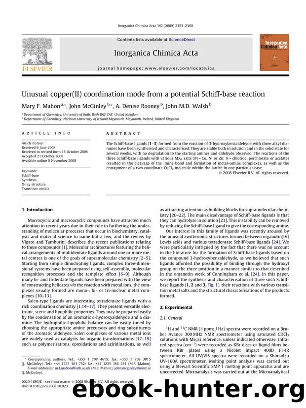 Unusual copper(II) coordination mode from a potential Schiff-base reaction by Mary F. Mahon; John McGinley; A. Denise Rooney; John M.D. Walsh