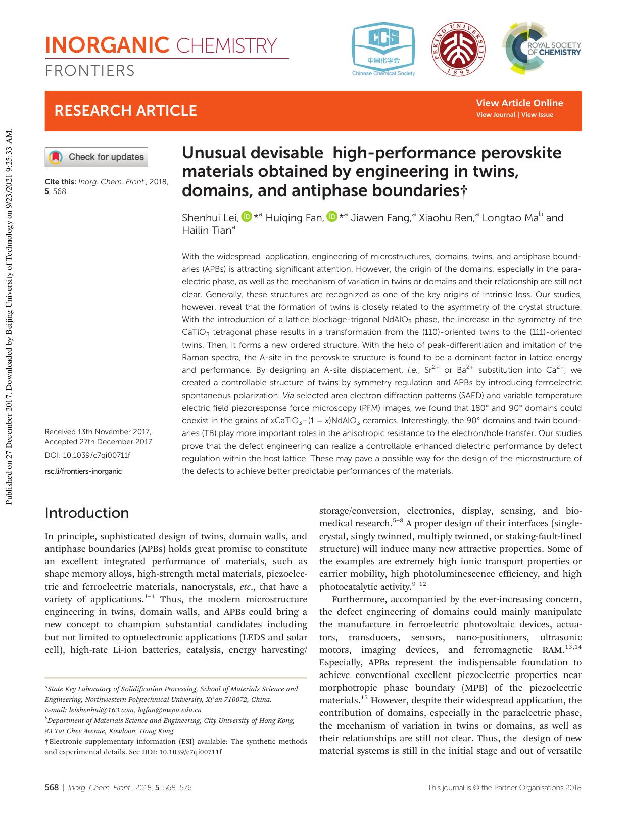 Unusual devisable high-performance perovskite materials obtained by engineering in twins, domains, and antiphase boundaries by Shenhui Lei Huiqing Fan Jiawen Fang Xiaohu Ren Longtao Ma Hailin Tian