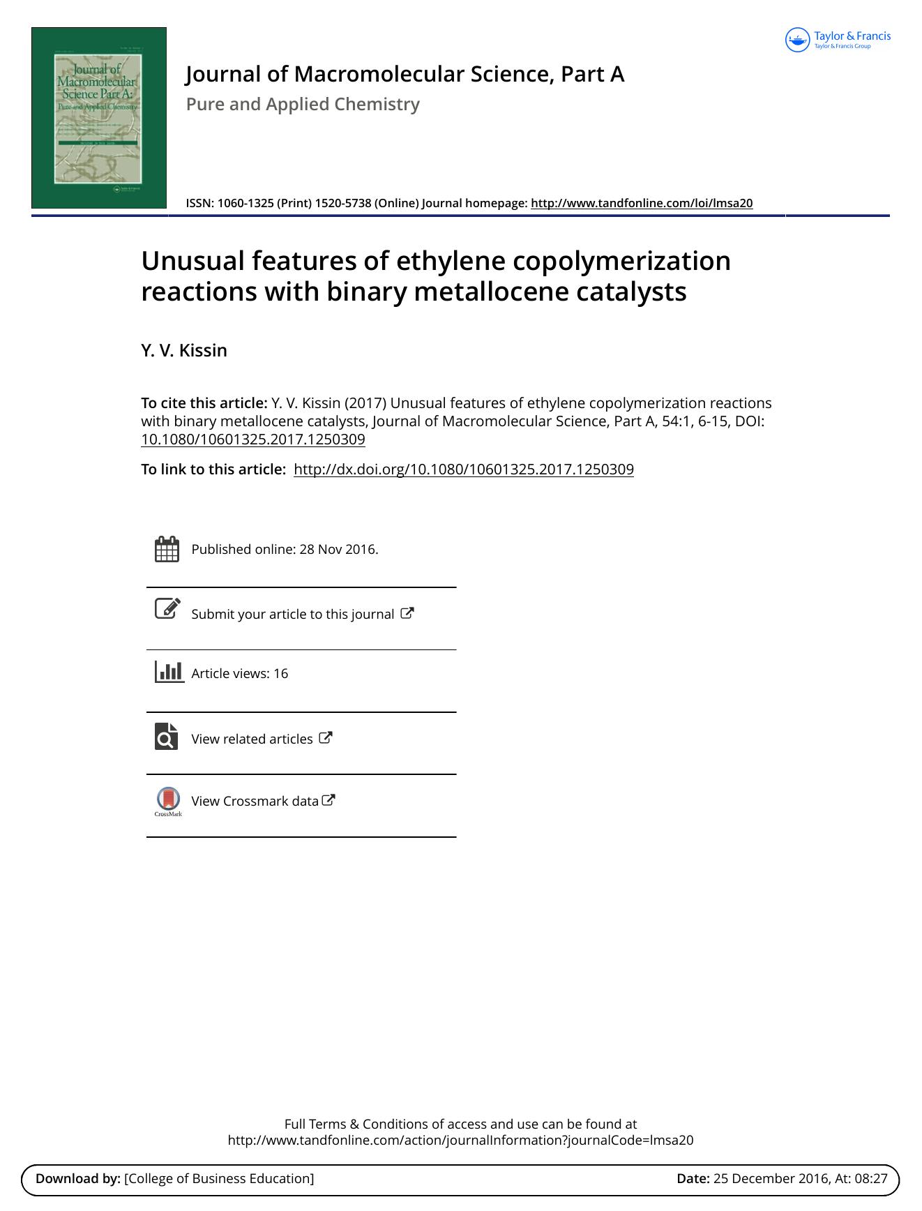 Unusual features of ethylene copolymerization reactions with binary metallocene catalysts by Y. V. Kissin