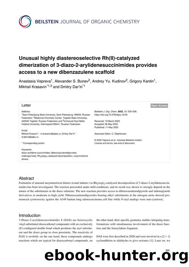 Unusual highly diastereoselective Rh(II)-catalyzed dimerization of 3-diazo-2-arylidenesuccinimides provides access to a new dibenzazulene scaffold by unknow