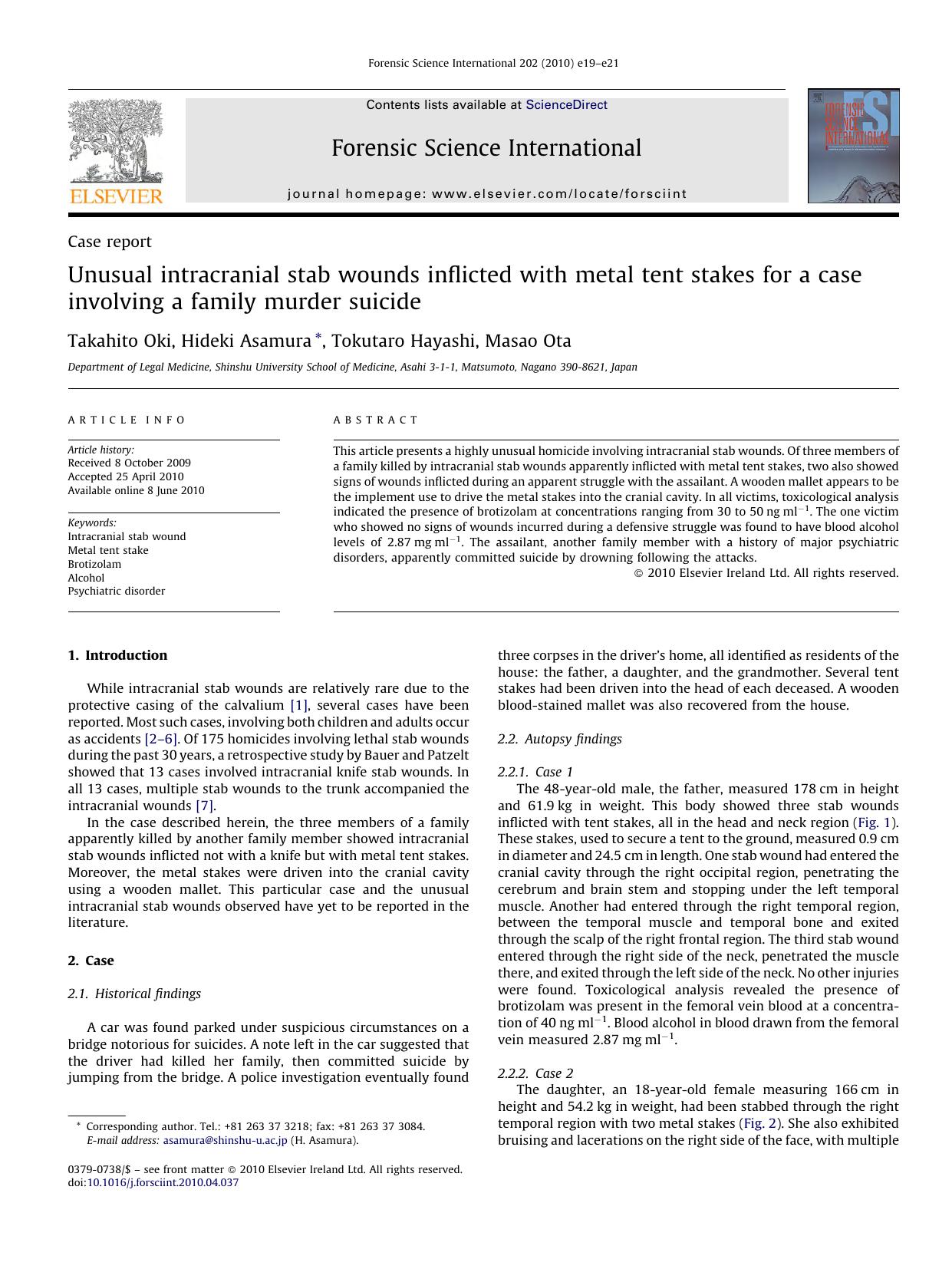 Unusual intracranial stab wounds inflicted with metal tent stakes for a case involving a family murder suicide by Takahito Oki