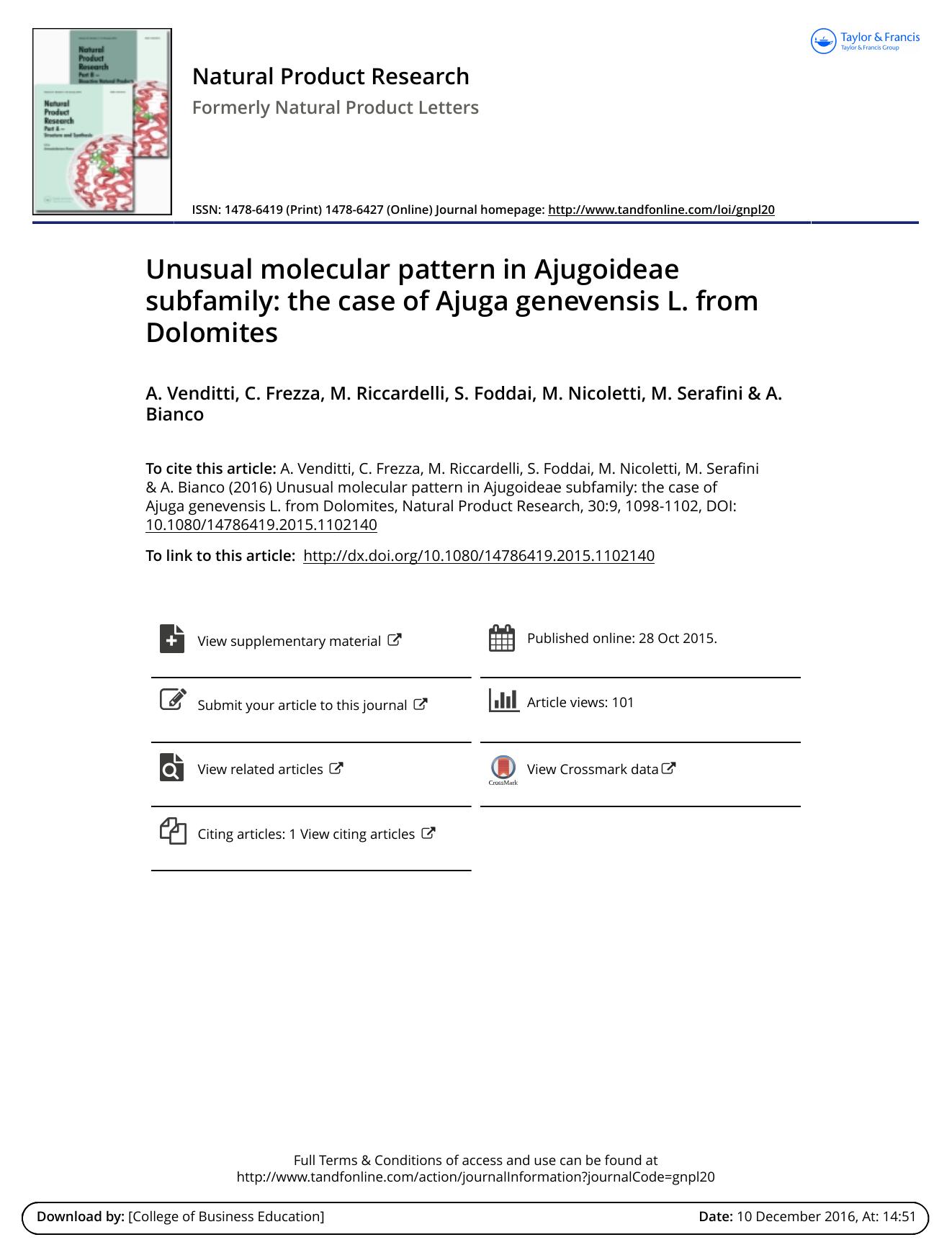 Unusual molecular pattern in Ajugoideae subfamily: the case of Ajuga genevensis L. from Dolomites by A. Venditti & C. Frezza & M. Riccardelli & S. Foddai & M. Nicoletti & M. Serafini & A. Bianco