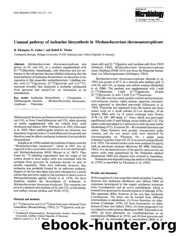 Unusual pathway of isoleucine biosynthesis in <Emphasis Type="Italic">Methanobacterium thermoautotrophicum<Emphasis> by Unknown