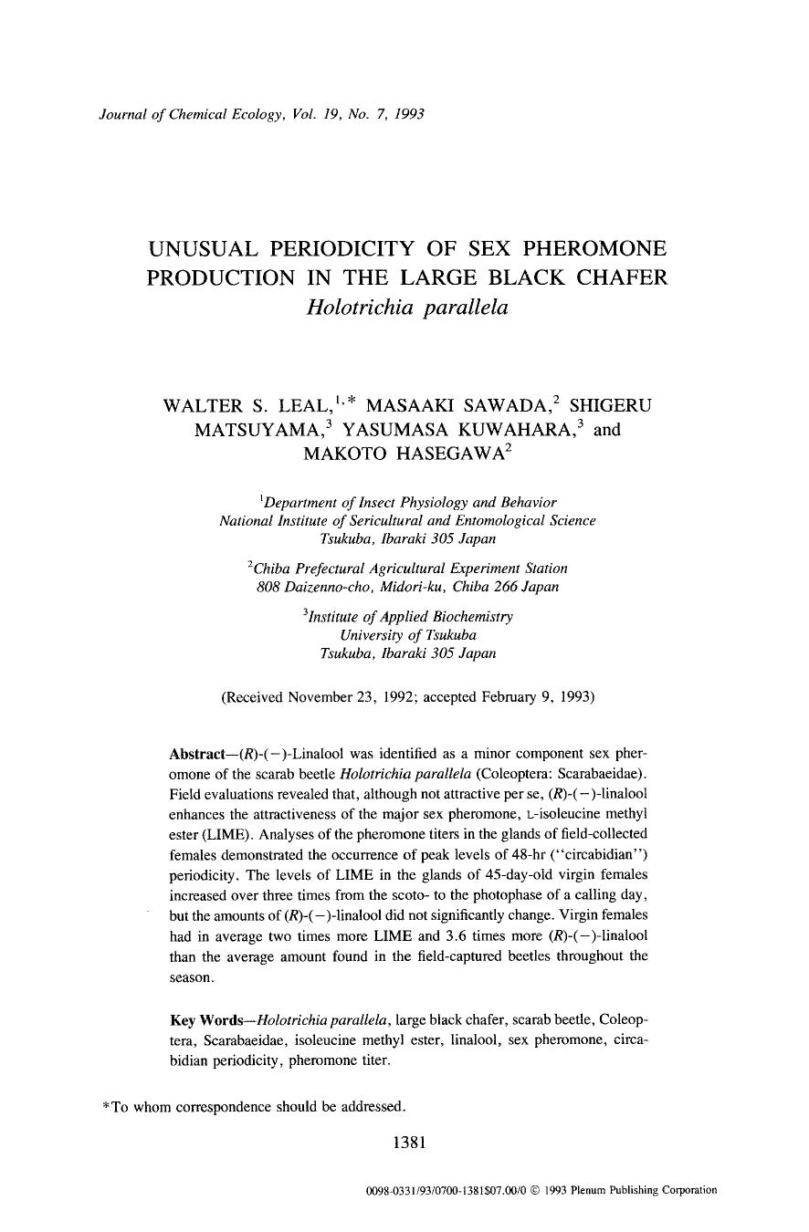 Unusual periodicity of sex pheromone production in the large black chafer <Emphasis Type="Italic">Holotrichia parallela <Emphasis> by Unknown
