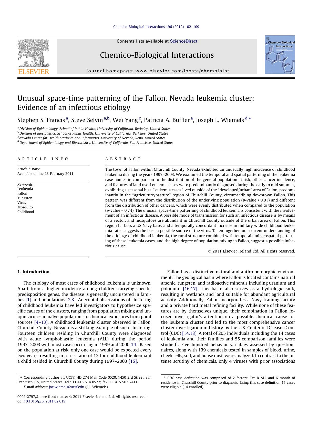 Unusual space-time patterning of the Fallon, Nevada leukemia cluster: Evidence of an infectious etiology by Stephen S. Francis & Steve Selvin & Wei Yang & Patricia A. Buffler & Joseph L. Wiemels