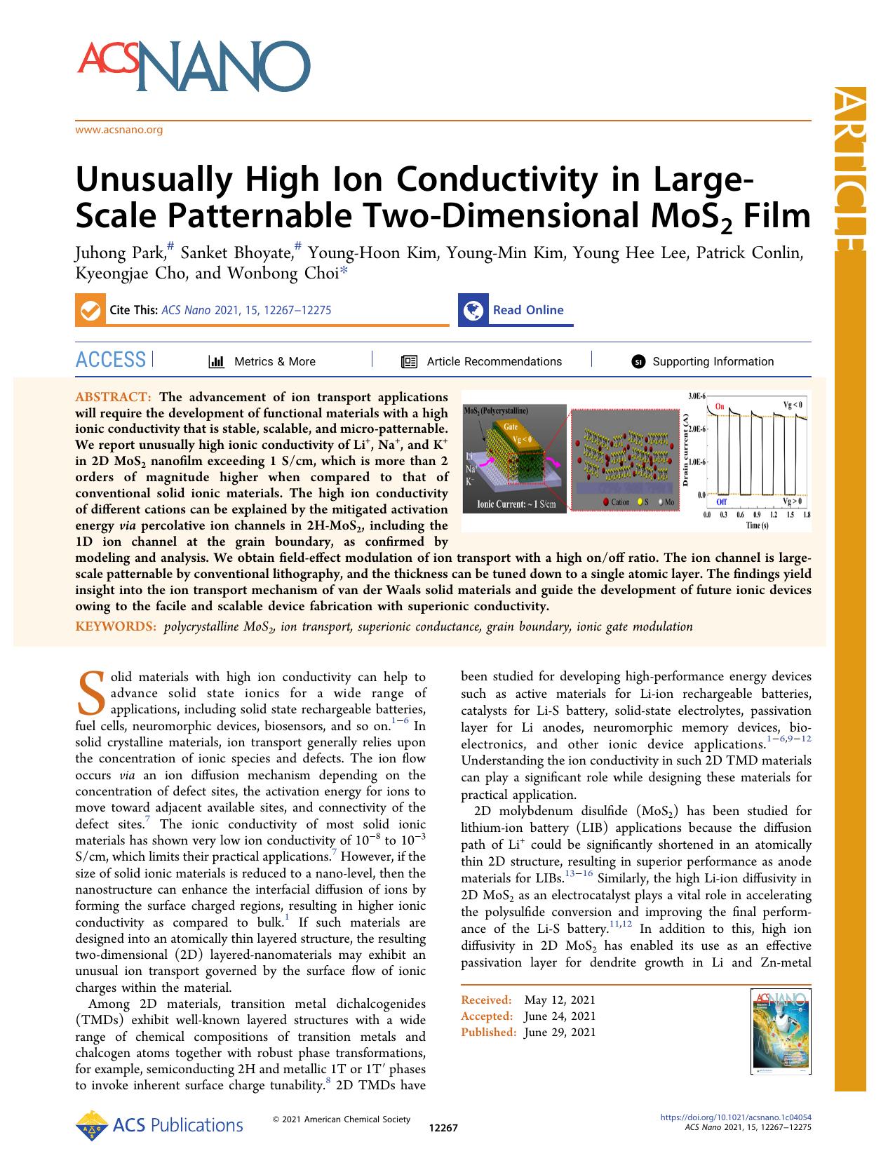 Unusually High Ion Conductivity in Large-Scale Patternable Two-Dimensional MoS2 Film by unknow