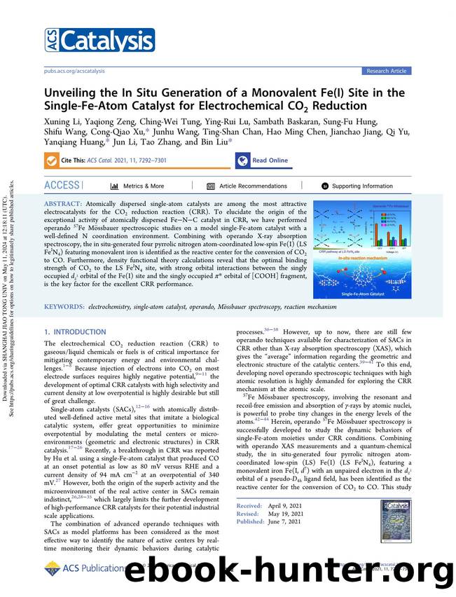 Unveiling the In Situ Generation of a Monovalent Fe(I) Site in the Single-Fe-Atom Catalyst for Electrochemical CO2 Reduction by unknow