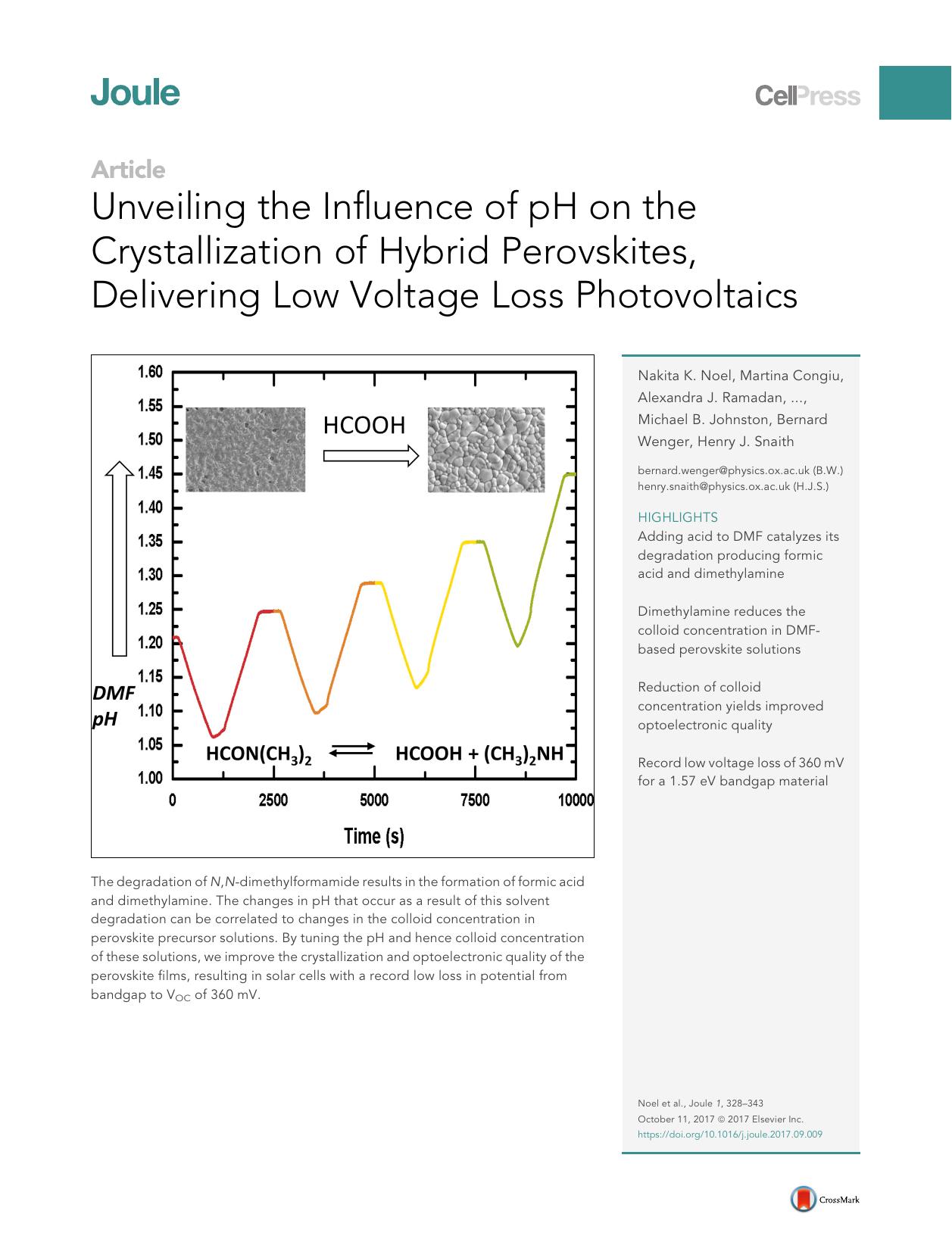 Unveiling the Influence of pH on the Crystallization of Hybrid Perovskites, Delivering Low Voltage Loss Photovoltaics by unknow