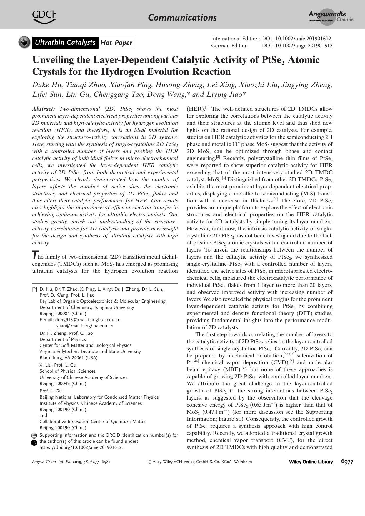 Unveiling the LayerâDependent Catalytic Activity of PtSe2 Atomic Crystals for the Hydrogen Evolution Reaction by Unknown