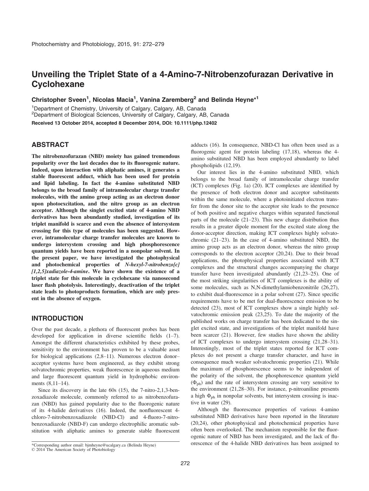 Unveiling the Triplet State of a 4‐Amino‐7‐Nitrobenzofurazan Derivative in Cyclohexane by Unknown
