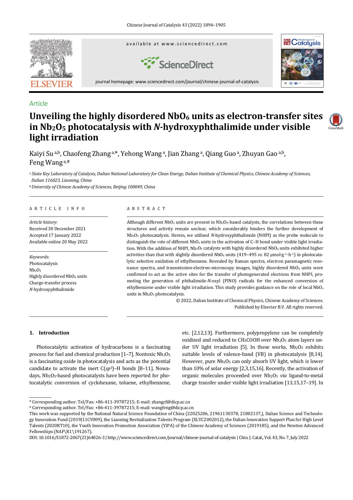 Unveiling the highly disordered NbO6 units as electron-transfer sites in Nb2O5 photocatalysis with N-hydroxyphthalimide under visible light irradiation by Kaiyi Su & Chaofeng Zhang & Yehong Wang & Jian Zhang & Qiang Guo & Zhuyan Gao & Feng Wang