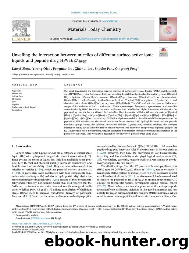 Unveiling the interaction between micelles of different surface-active ionic liquids and peptide drug HPV16E749-57 by Dawei Zhen