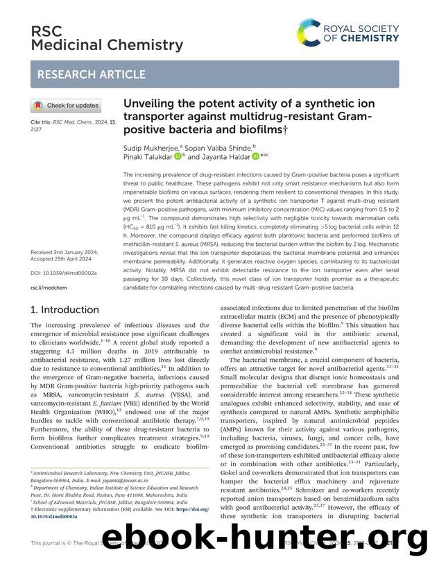 Unveiling the potent activity of a synthetic ion transporter against multidrug-resistant Gram-positive bacteria and biofilms by Sudip Mukherjee & Sopan Valiba Shinde & Pinaki Talukdar & Jayanta Haldar