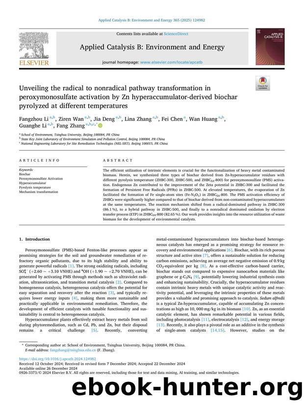 Unveiling the radical to nonradical pathway transformation in peroxymonosulfate activation by Zn hyperaccumulator-derived biochar pyrolyzed at different temperatures by Fangzhou Li & Ziren Wan & Jia Deng & Lina Zhang & Fei Chen & Wan Huang & Guanghe Li & Fang Zhang