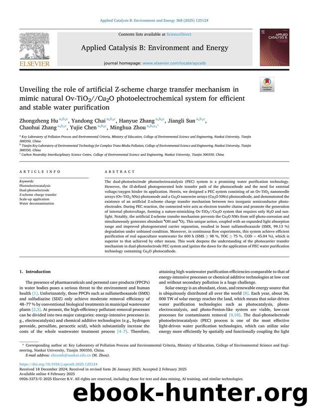 Unveiling the role of artificial Z-scheme charge transfer mechanism in mimic natural Ov-TiO2Cu2O photoelectrochemical system for efficient and stable water purification by unknow