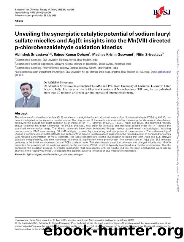 Unveiling the synergistic catalytic potential of sodium lauryl sulfate micelles and Ag(I): insights into the Mn(VII)-directed p-chlorobenzaldehyde oxidation kinetics by Abhishek Srivastava & Rajeev Kumar Dohare & Madhav Krishn Goswami & Nitin Srivastava