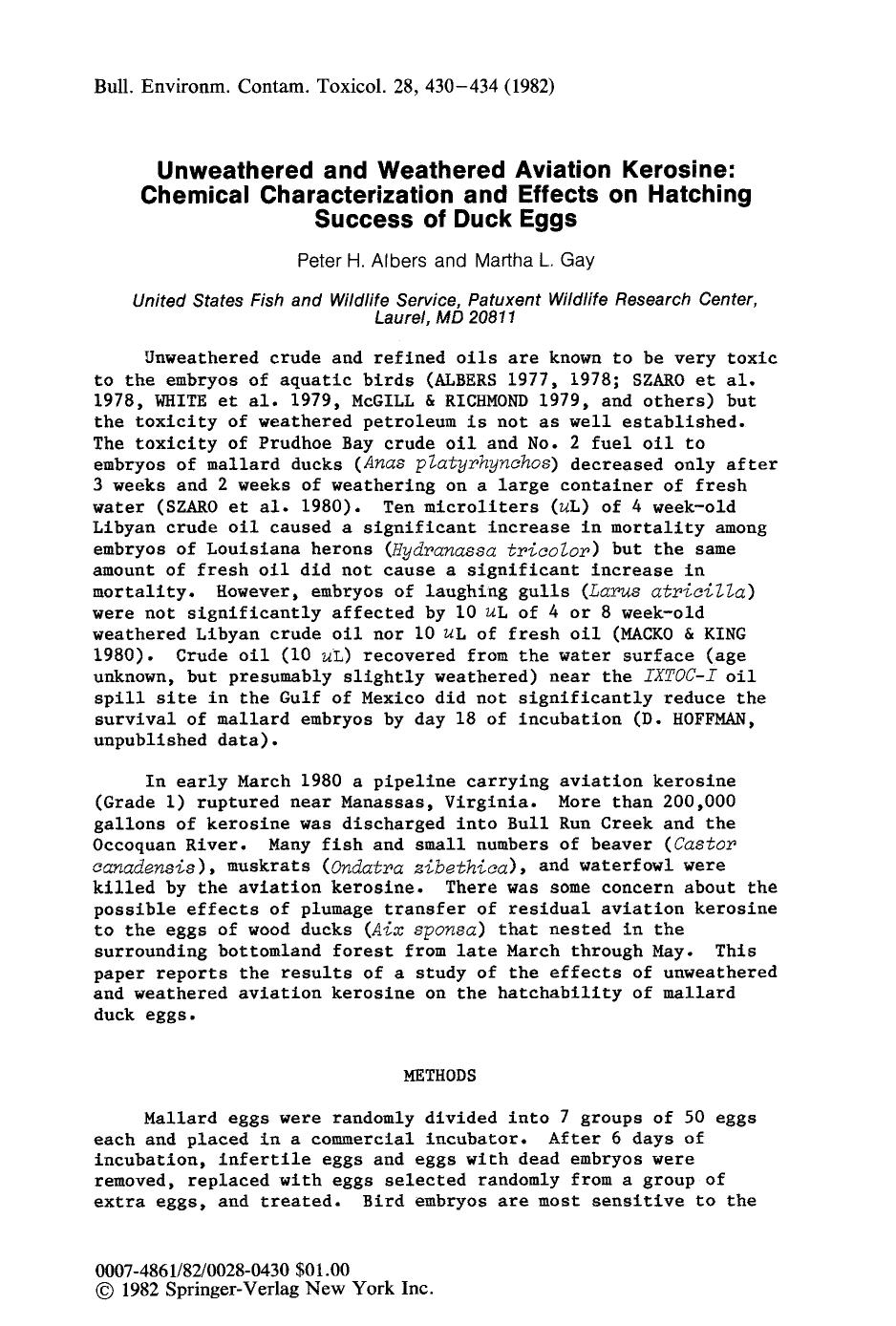 Unweathered and weathered aviation kerosine: Chemical characterization and effects on hatching success of duck eggs by Unknown