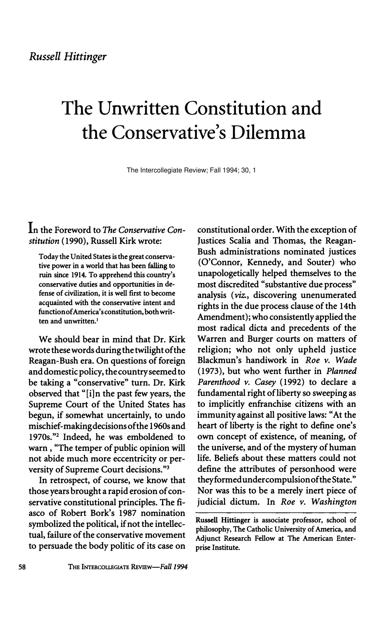 Unwritten Constitution and Conservative's Dilemma by Russell Rittinger